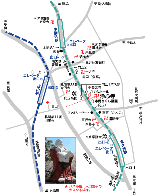 本堂・さくらホール・霊園の配置図